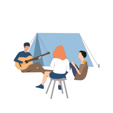 Arkadaşlar kamp ateşinin yanında gitarla vakit geçirirler. Kampta oturup gitar dinleyen ve dost canlısı ve samimi bir ortamın tadını çıkaran adamlar. Vektör illüstrasyonu