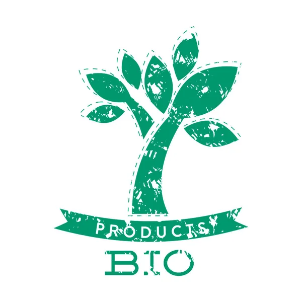 緑の木とリボン付きのバイオ製品スタンプ バイオナチュラル製品バッジラベルスタンプ 有機食品や化粧品 ベクターイラスト — ストックベクタ