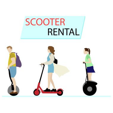 Scooter kiralama, şehir ulaşımı, çevre koruma. Vektör araç seyahat şehri, modern tekerlek, aktif şehir ulaşım servisi, şehir manzarası scooter paylaşımı illüstrasyonu
