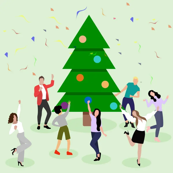 Buon Anno Gente Balla Diverte Intorno All Albero Natale Vettore — Vettoriale Stock