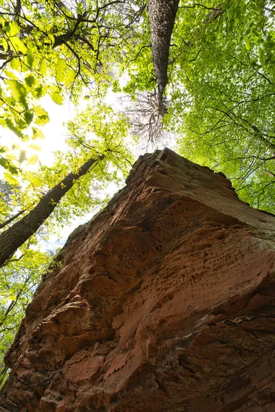 Rocas Arenisca Roja Recorrido Geiersteine Cerca Del Pequeño Pueblo Lug —  Fotos de Stock