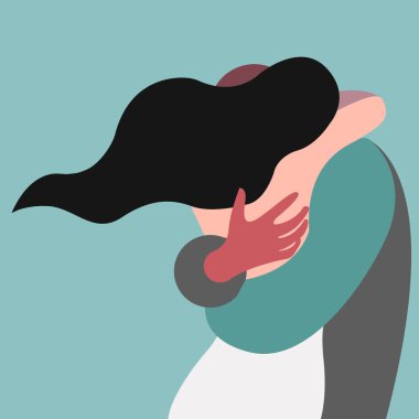 Standart olmayan bir renk paletinde sarılan iki kişinin son derece stilize edilmiş vektör betimlemesi. İllüstrasyon, Sevgililer Günü veya Uluslararası Sarılma Günü için kartpostal olarak kullanılabilir..