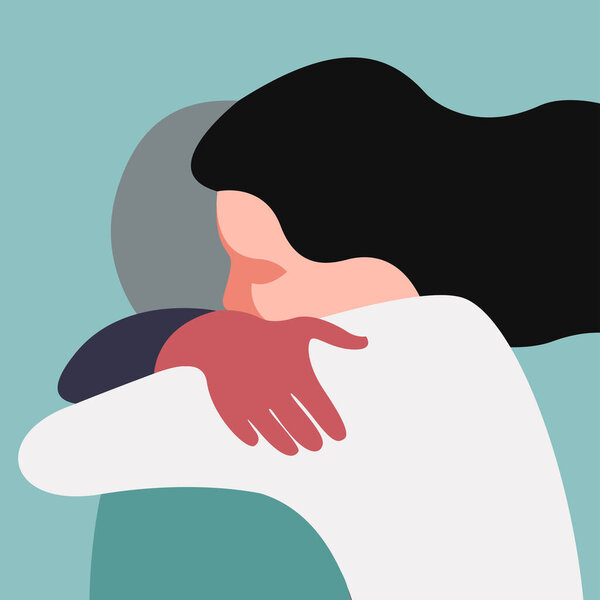 vector flat highly stylized illustration of two people hugging in a non standard color palette. the illustration can be used as a postcard for Valentine's Day or International Hug Day.