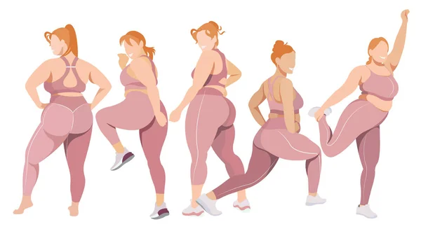 身体のポジティビティと身体活動に関するベクトル フラット イラストです レギンスやスポーツブラの健康な女の子のグループがフィットネスに従事しています それぞれの図は — ストックベクタ