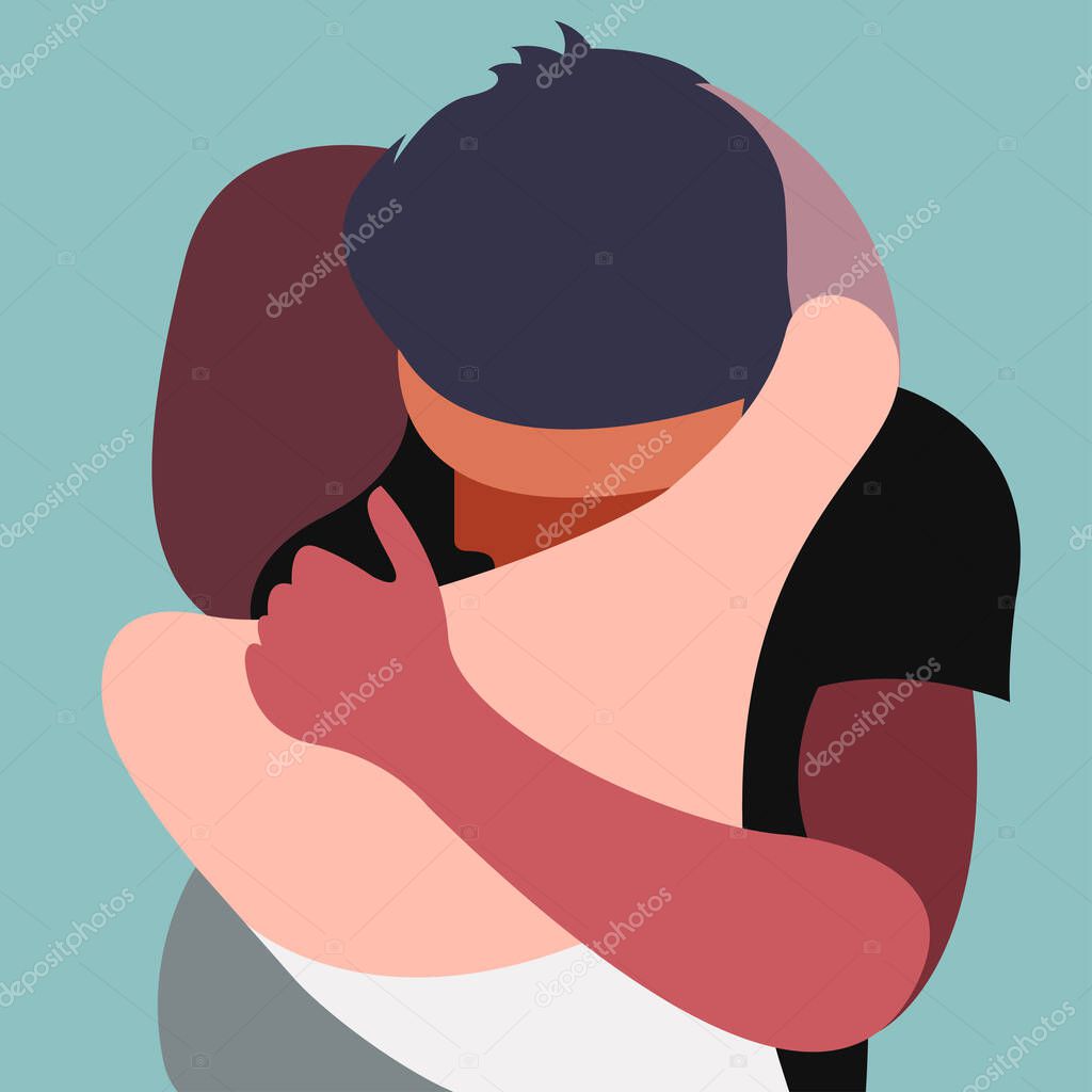 Vector flat highly stylized illustration of two people hugging in a non standard color palette. the illustration can be used as a postcard for Valentine's Day or International Hug Day.