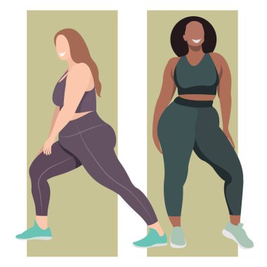 Vücut pozitifliği konusunda vektör düz çizim. Neşeli aktif kızlar artı spor üniformalı doğal güzellikler - tayt ve spor sutyen. İllüstrasyon izole. renkler değiştirilebilir.