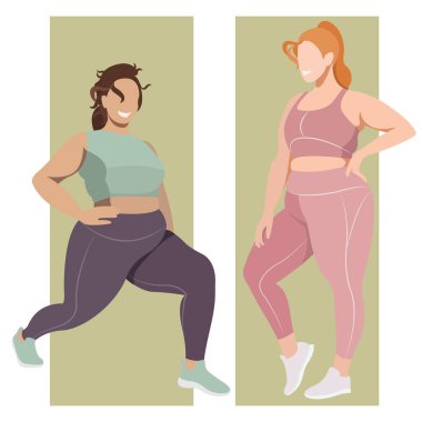 Vücut pozitifliği konusunda vektör düz çizim. Neşeli aktif kızlar artı spor üniformalı doğal güzellikler - tayt ve spor sutyen. İllüstrasyon izole. renkler değiştirilebilir.
