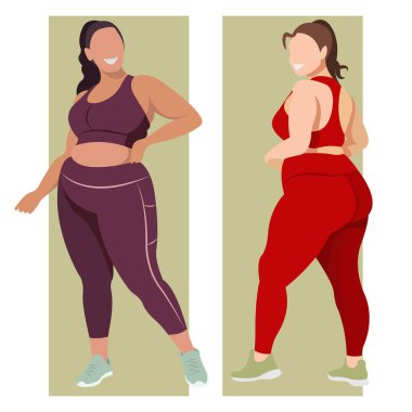 Vücut pozitifliği konusunda vektör düz çizim. Neşeli aktif kızlar artı spor üniformalı doğal güzellikler - tayt ve spor sutyen. İllüstrasyon izole. renkler değiştirilebilir.