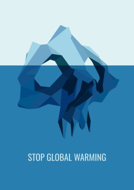 Ekoloji, ekolojik kriz, küresel ısınma ve buzulları kurtarma konulu sosyal poster. Buzdağının sualtı kısmı bir kafatası şeklinde yapılır. Küresel ısınmayı durdur.