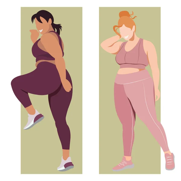 Ilustração Plana Vetorial Sobre Tema Corpo Positivo Meninas Ativas Alegres — Vetor de Stock