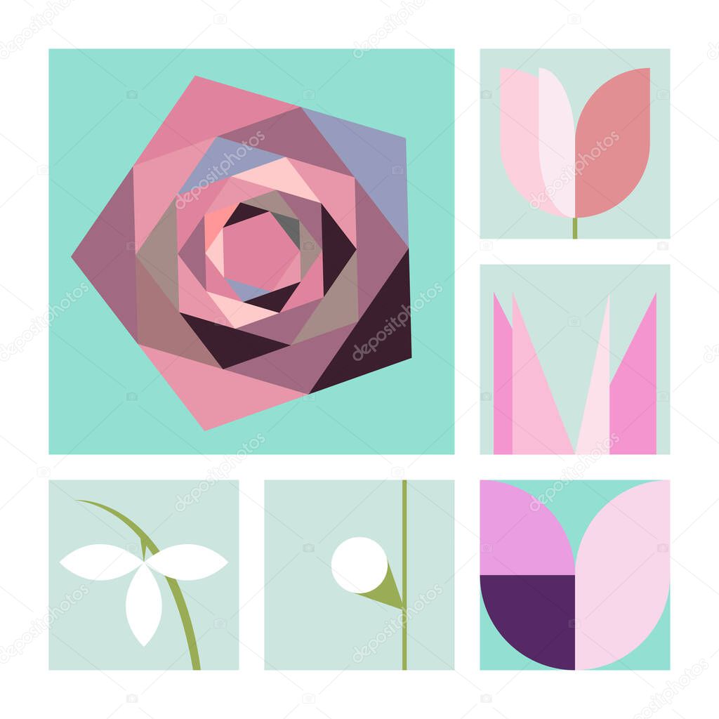 vector ultra minimalistic illustrations united by spring theme. very stylized image of nature in spring. can be used as web design elements, for cards, wedding invitations, flyers and other products.