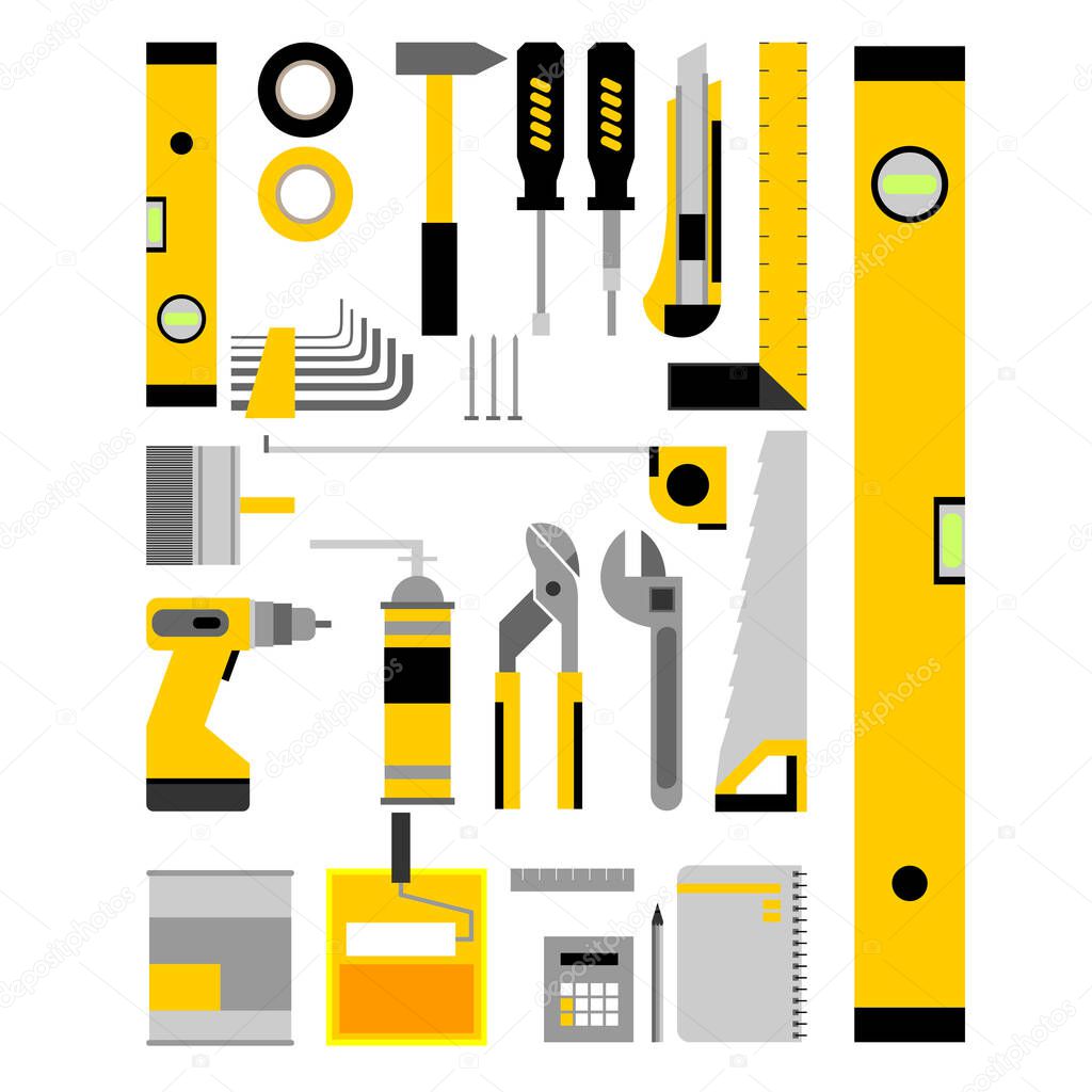 vector flat design on the theme of repair tools in the style of geometric minimalism. each element is isolated. can be used for various types of renovation advertisements, web sites, flyers, brochures.