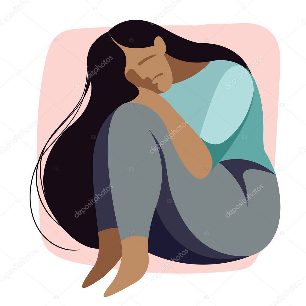 vector illustration on the theme of mental health. very sad girl needs psychological support. girl is sitting on the floor, clasping her knees with her hands. loss of strength, self-doubt, depression