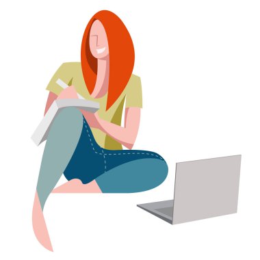 Serbest çalışma, evden çalışma ve öğrenim teması üzerine vektör düz çizim. Rahat ev kıyafetleri içinde bir kız çalışır ve bir deftere yazar. Evde kal. Evde çalış. resim izole edildi.