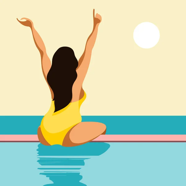 关于暑假主题的矢量图解 身穿黄色泳衣的漂亮的晒黑的年轻姑娘坐在游泳池边 享受着阳光 水和夏天的惬意 — 图库矢量图片