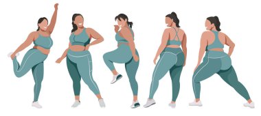 Vücut pozitifliği ve fiziksel aktivite konularında vektör düz çizim. Tozluk ve spor sutyenleri içinde doğal güzelliğe sahip bir grup sağlıklı kız fitness yapıyor. Her figür izole edilmiş.