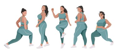 Vücut pozitifliği ve fiziksel aktivite konularında vektör düz çizim. Tozluk ve spor sutyenleri içinde doğal güzelliğe sahip bir grup sağlıklı kız fitness yapıyor. Her figür izole edilmiş.
