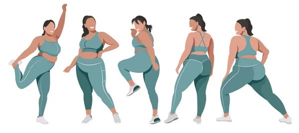 Vücut pozitifliği ve fiziksel aktivite konularında vektör düz çizim. Tozluk ve spor sutyenleri içinde doğal güzelliğe sahip bir grup sağlıklı kız fitness yapıyor. Her figür izole edilmiş.
