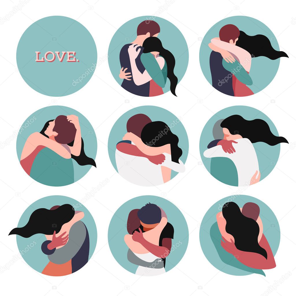 vector stylized illustrations of two hugging people inscribed in a circle on the theme of Valentine's Day and International Hug Day. Can be used as web icons, stickers, postcards, flyers, buttons