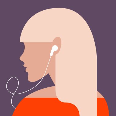 Podcast, sesli kitap veya çevrimiçi müzik dinleyen bir kızın trend renklerdeki minimalist illüstrasyonu. Müzik kanalları veya podcastlar için web tasarımı ögesi, simge, pankart olarak kullanılabilir.