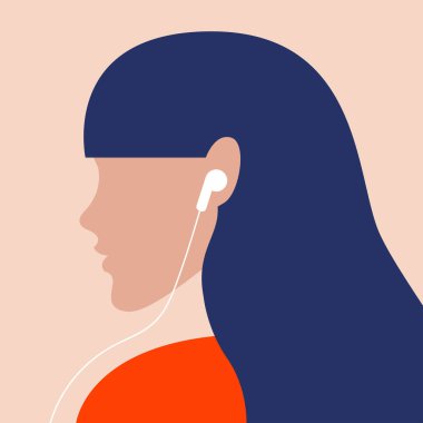 Podcast, sesli kitap veya çevrimiçi müzik dinleyen bir kızın trend renklerdeki minimalist illüstrasyonu. Müzik kanalları veya podcastlar için web tasarımı ögesi, simge, pankart olarak kullanılabilir.