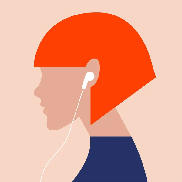 Podcast, sesli kitap veya çevrimiçi müzik dinleyen bir kızın trend renklerdeki minimalist illüstrasyonu. Müzik kanalları veya podcastlar için web tasarımı ögesi, simge, pankart olarak kullanılabilir.