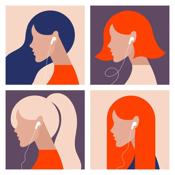 Podcast, auobooks veya online müzik dinleyen bir kızın minimalist ikonlarının vektör seti trend renklerde. bir web tasarım ögesi, simgeler, müzik veya podcast kanalları için pankartlar olarak kullanılabilir.