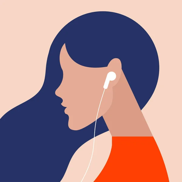 Vector Minimalistic Illustration Girl Listening Podcast Audio Book Online Music — Stock Vector