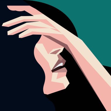 Ruh sağlığı temasında vektör trend illüstrasyonu. Umutsuzluk içindeki mutsuz kız, elleriyle başını tutuyor. Güç kaybı, kendine güven eksikliği, depresyon, umutsuzluk, umutsuzluk, yalnızlık.