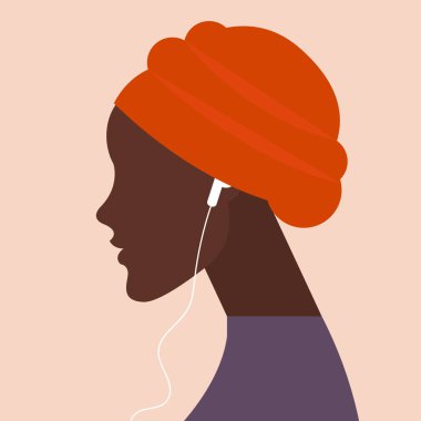 Podcast, sesli kitap veya çevrimiçi müzik dinleyen bir kızın trend renklerdeki minimalist illüstrasyonu. Müzik kanalları veya podcastlar için web tasarımı ögesi, simge, pankart olarak kullanılabilir.