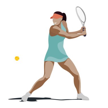 Beyaz arka planda izole bir şekilde tenis oynayan spor üniformalı bir kızın vektör düz tasarım çizimi. Tenis kulüpleri ve kortları için çeşitli reklam ürünlerinde kullanılabilir..