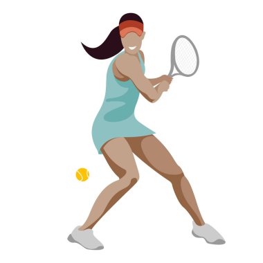 Beyaz arka planda izole bir şekilde tenis oynayan spor üniformalı bir kızın vektör düz tasarım çizimi. Tenis kulüpleri ve kortları için çeşitli reklam ürünlerinde kullanılabilir..