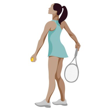 Beyaz arka planda izole bir şekilde tenis oynayan spor üniformalı bir kızın vektör düz tasarım çizimi. Tenis kulüpleri ve kortları için çeşitli reklam ürünlerinde kullanılabilir..