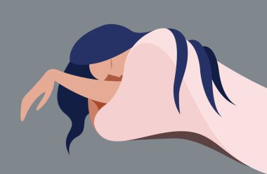 Yastığın üzerine saçı pastel renklerle saçılmış tatlı, uyuyan bir kızın vektör düz tasarımı. Rahatlama ürünleri, kaplıca salonu, makale illüstrasyonu için reklam olarak kullanılabilir.