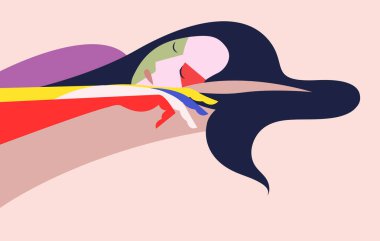 Yastığın üzerine saçı pastel renklerle saçılmış tatlı, uyuyan bir kızın vektör düz tasarımı. Rahatlama ürünleri, kaplıca salonu, makale illüstrasyonu için reklam olarak kullanılabilir.