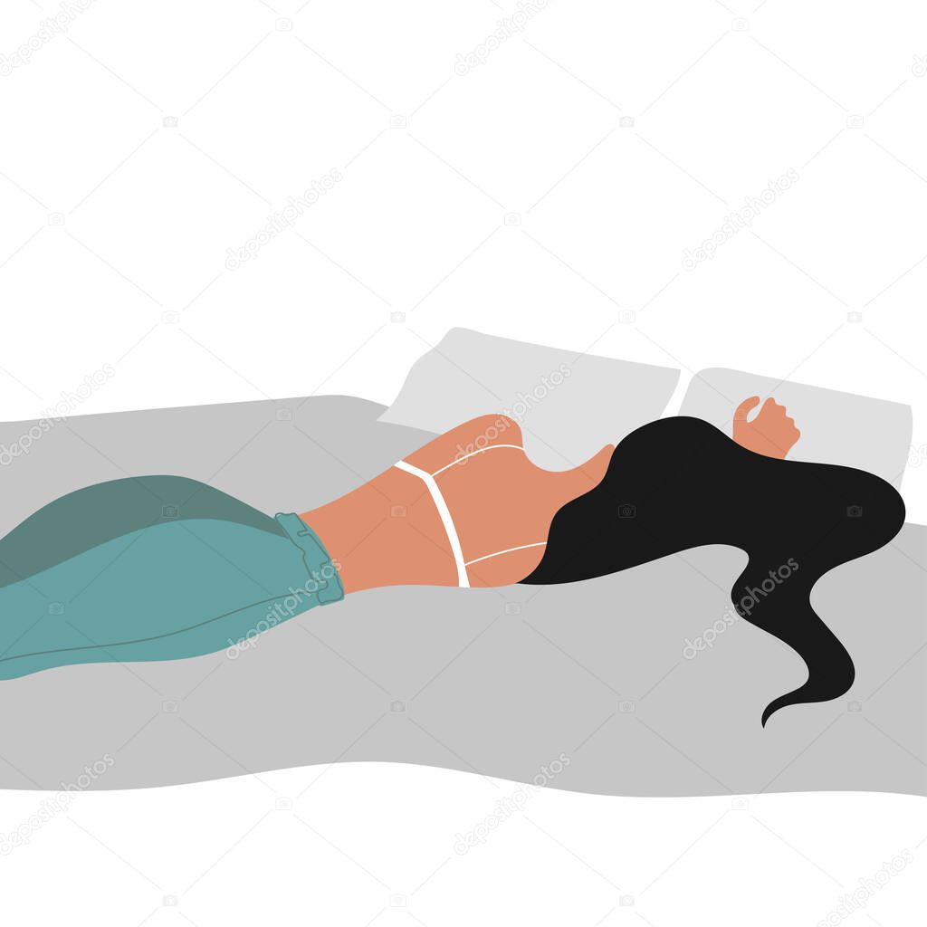 vector flat design illustration of sweetly sleeping girl with hair scattered on the pillow in pastel colors. can be used as an advertisement for sleep products, relaxation products, healthy lifestyles