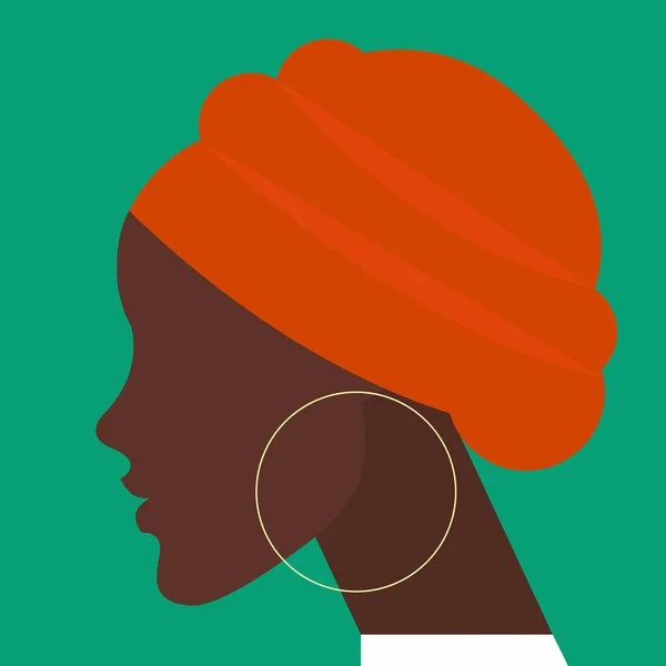 Vecteur Minimaliste Dessin Plat Illustration Profil Féminin Peau Foncée Turban — Image vectorielle