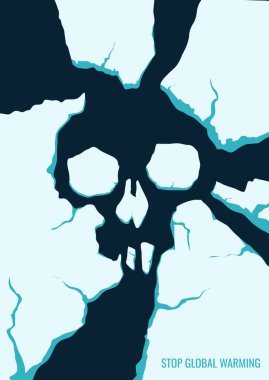 Ekoloji, ekolojik kriz, küresel ısınma, eriyen buzullar, buzulları kurtarma konularındaki vektör konsepti çizimi. Eriyen buz kütleleri bir kafatası oluşturur. Sosyal bir poster olarak kullanılabilir..