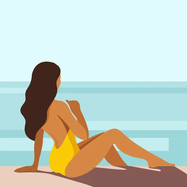 Vektorová Ilustrace Téma Letních Prázdnin Krásná Opálená Dívka Žlutých Plavkách — Stockový vektor