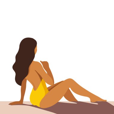 Yaz tatili konulu vektör illüstrasyonu. Sarı mayo giyen kız beyaz arka planda izole bir şekilde kumsalda güneşleniyor. Yaz tatilleri, tatil beldeleri, oteller, plajlar için kullanışlı