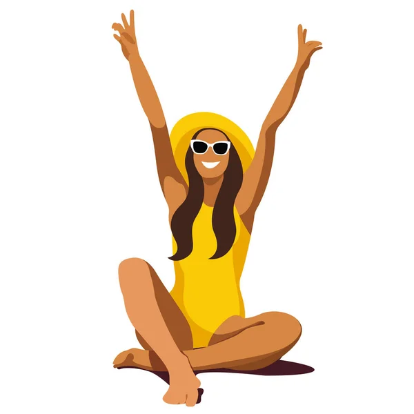 夏休みをテーマにしたベクターイラスト 白い背景に隔離された夏に手を上げた黄色い水着の日焼けした女の子が喜ぶ 夏休みの宣伝に役立ちます — ストックベクタ