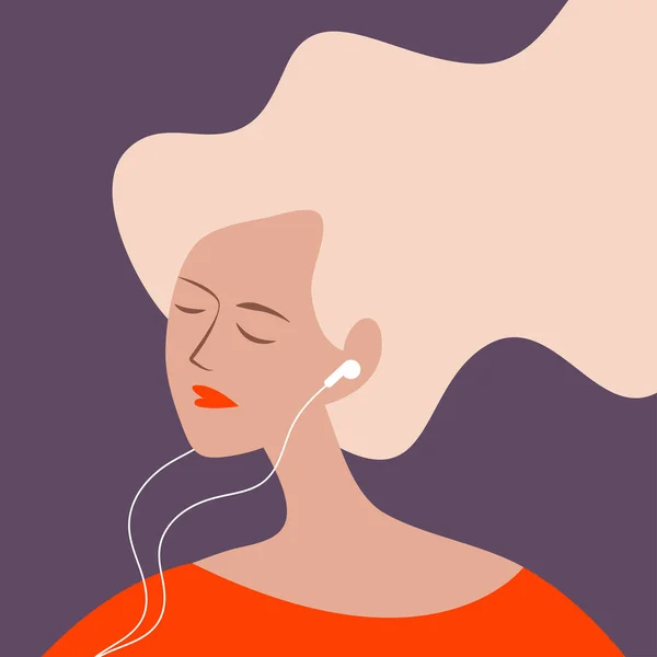 Vector Flat Design Illustration Girl Headphones Her Ears Listening Podcast — Stock Vector