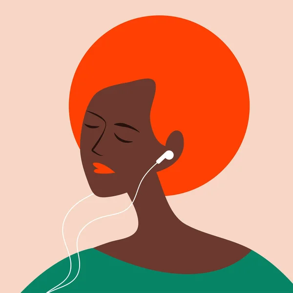 Illustration Vectorielle Design Plat Une Fille Noire Avec Casque Dans — Image vectorielle