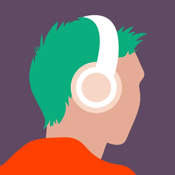 矢量插图的家伙与耳机在他的耳朵听播客 有声书籍或在线音乐的流行色彩 用于广告音乐频道 在线音乐服务 — 图库矢量图片