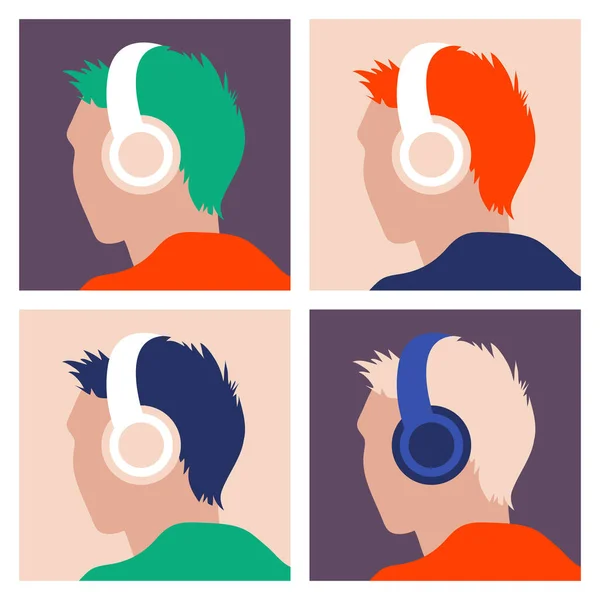 Ensemble Vectoriel Icônes Gars Avec Écouteurs Écoutant Podcast Livre Audio — Image vectorielle