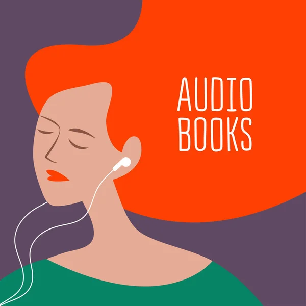 Векторная Иллюстрация Девушки Наушниками Ушах Слушающей Подкаст Аудиокнигу Модных Цветах — стоковый вектор