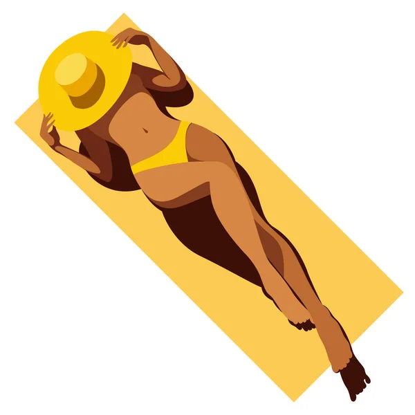 Yaz Tatili Temasında Vektör Modayı Çizimi Sarı Mayolu Güzel Bronzlaşmış — Stok Vektör