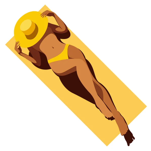Yaz tatili temasında vektör modayı çizimi. Sarı mayolu güzel bronzlaşmış kız sahilde güneşleniyor. Yaz tatilleri, tatil beldeleri, oteller, plajlar için kullanışlı.