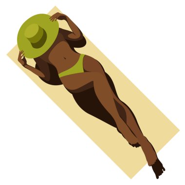 Yaz tatili konulu vektör illüstrasyonu. Yeşil mayo giyen siyah kız beyaz arka planda izole bir şekilde kumsalda güneşleniyor. Yaz tatilleri, tatil beldeleri, oteller, plajlar için kullanışlı.