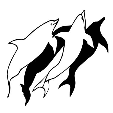 Beyaz arka planda izole edilmiş, okyanusta veya deniz suyunda yüzen yunusların siyah beyaz vektör çizimi. Logolar, yunuslar, akvaryumlar, dalış reklamları, yüzme havuzları, posterler için kullanışlı.